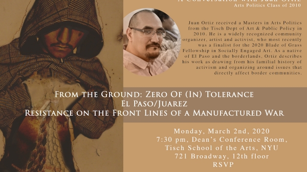 tan and brown event flyer with illustrated image of man with hoodie and open stomach and an image of a man in glasses and beard in a small circle next to a bio in black text